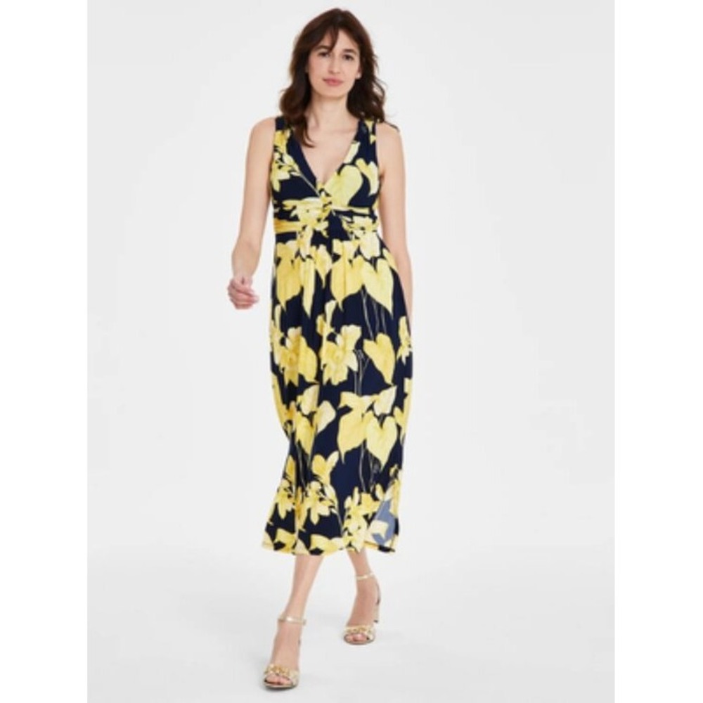 TOMMY HILFIGER Navy Yellow Floral Maxi Dress V-Neck Tie Waist NWT Size 8